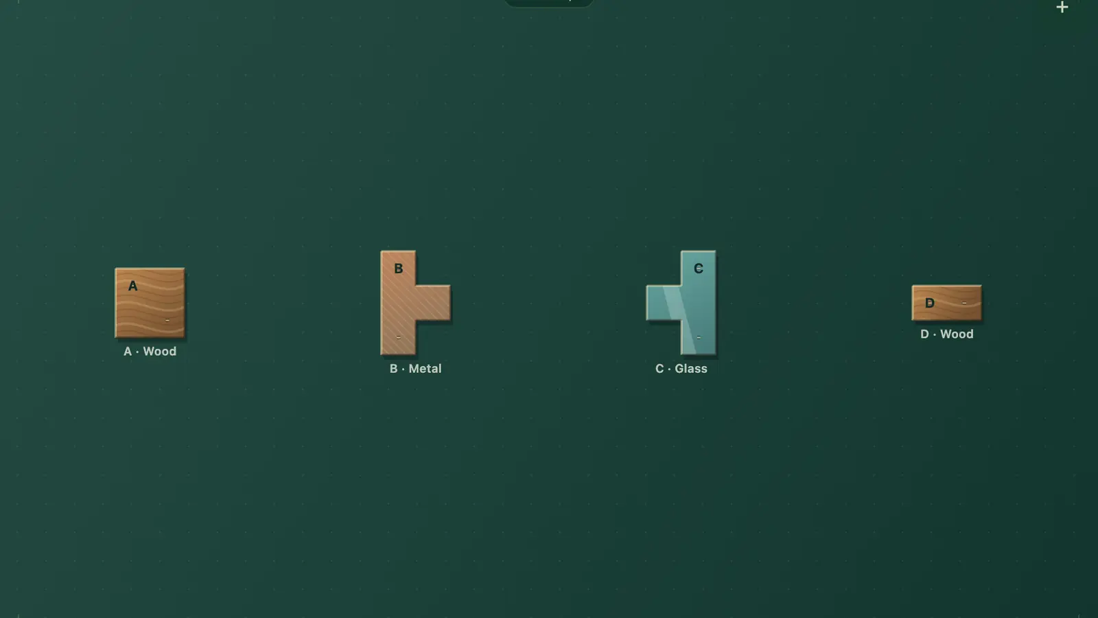 Salvage Studio: four lettered wood, metal and glass pieces spaced across a dark green work surface.