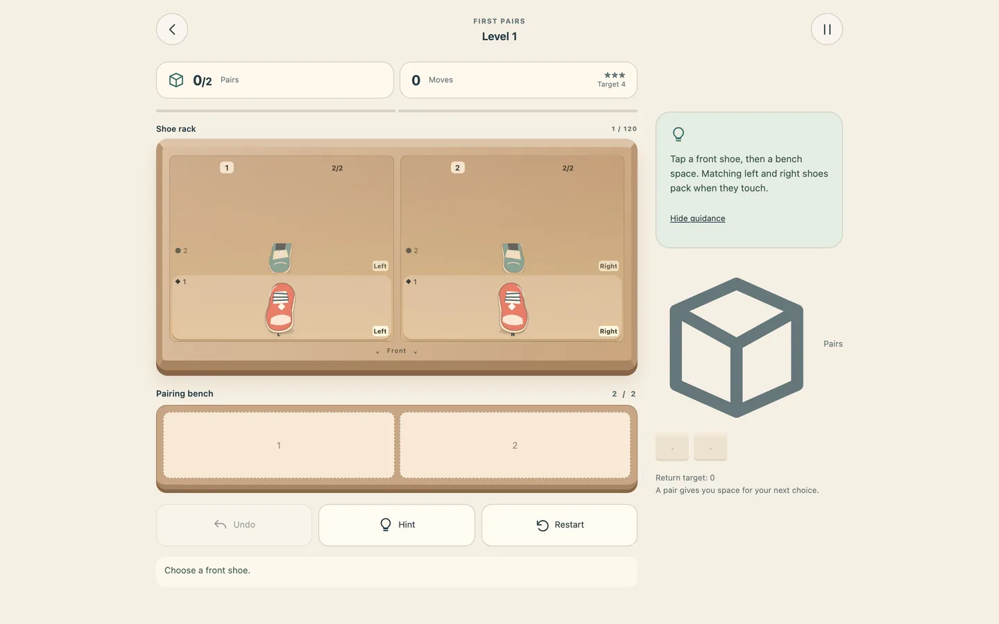 The shoe rack on a desktop screen, showing the lanes, the bench and the move counter