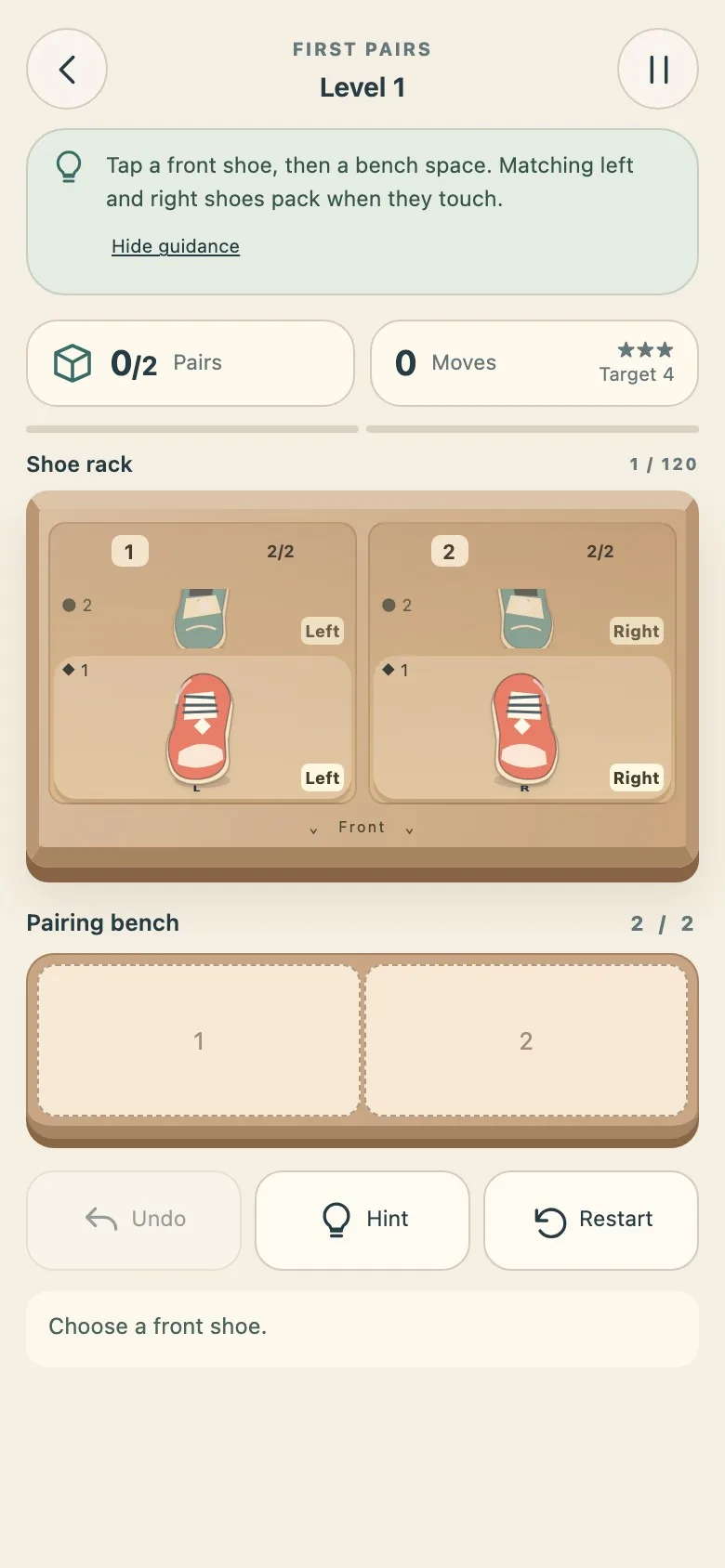 Shoe Rack Shuffle on a phone screen, with the lanes and the bench stacked in one column