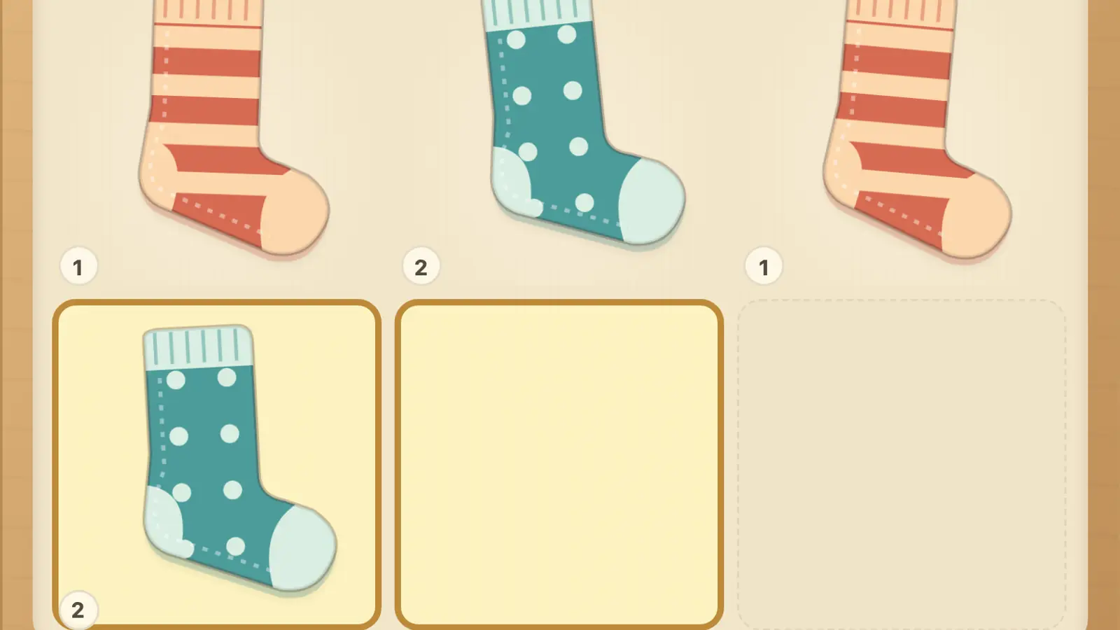 Sock Drawer: coral striped and teal polka-dot socks above three drawer slots, with a teal sock in the left slot.