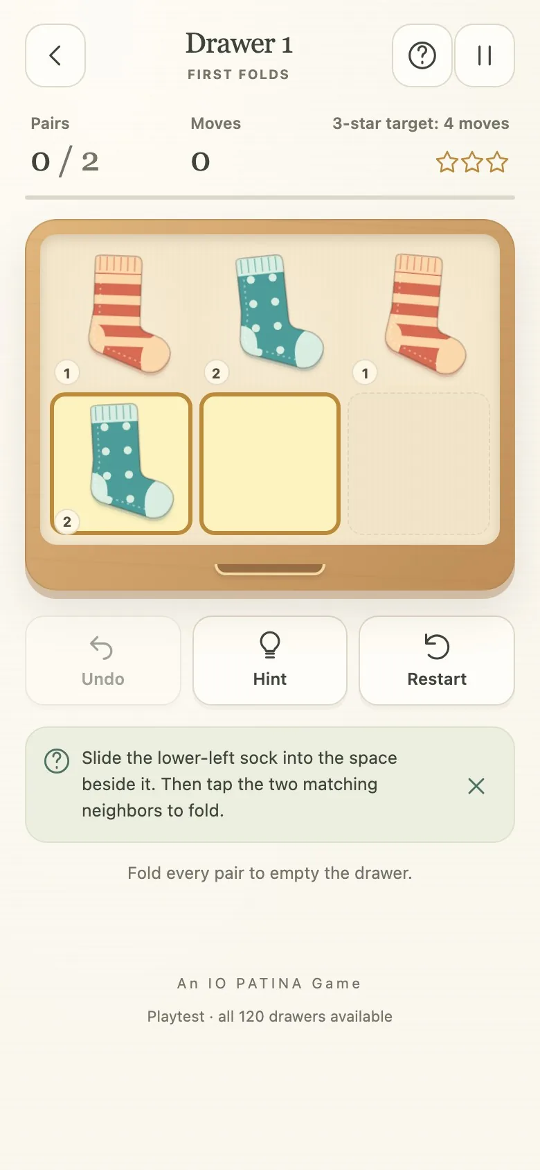 Sock Drawer on a phone screen, with the board and controls stacked in one column