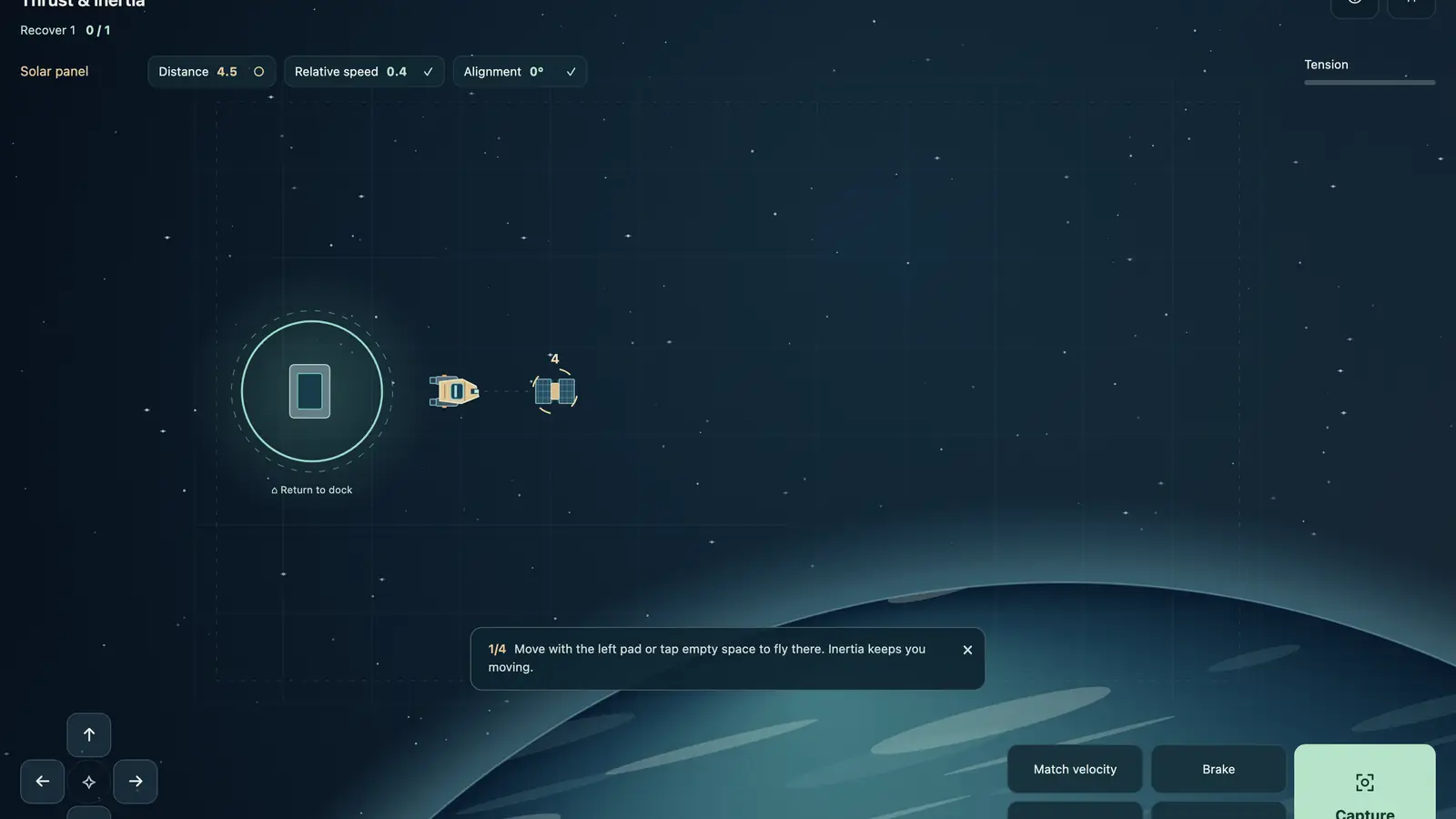 Space Junk Salvager: a small spacecraft between a circular dock and floating debris above a blue planet.