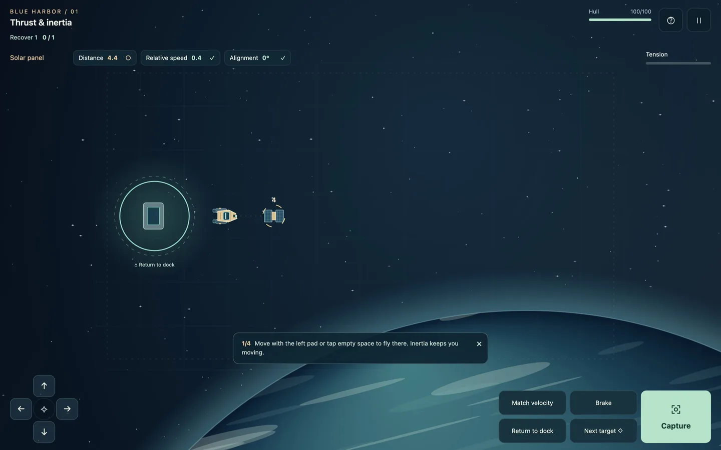 A salvage run on a desktop screen, with the hull gauge, capture readouts and the tethered debris