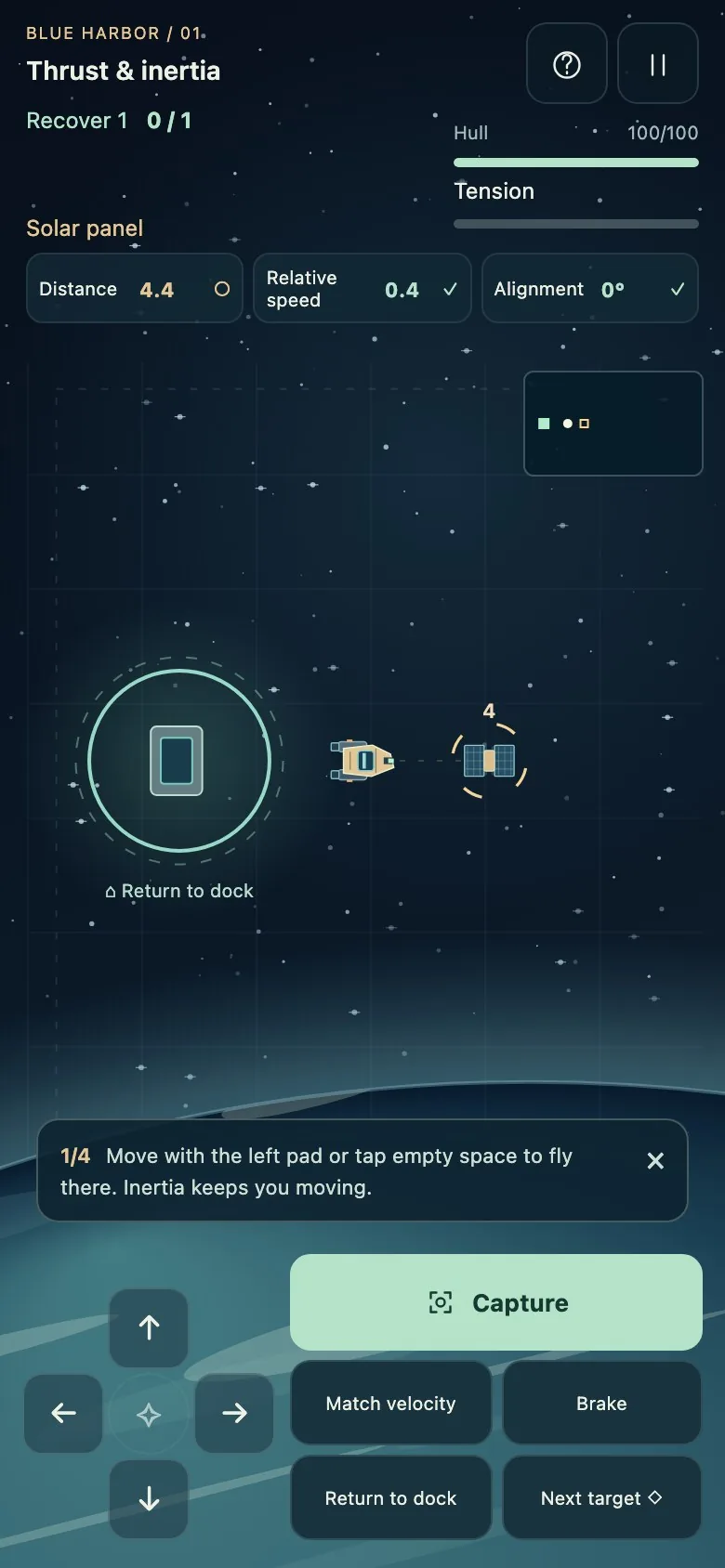 Space Junk Salvager on a phone screen, with the thrust pad at the lower left