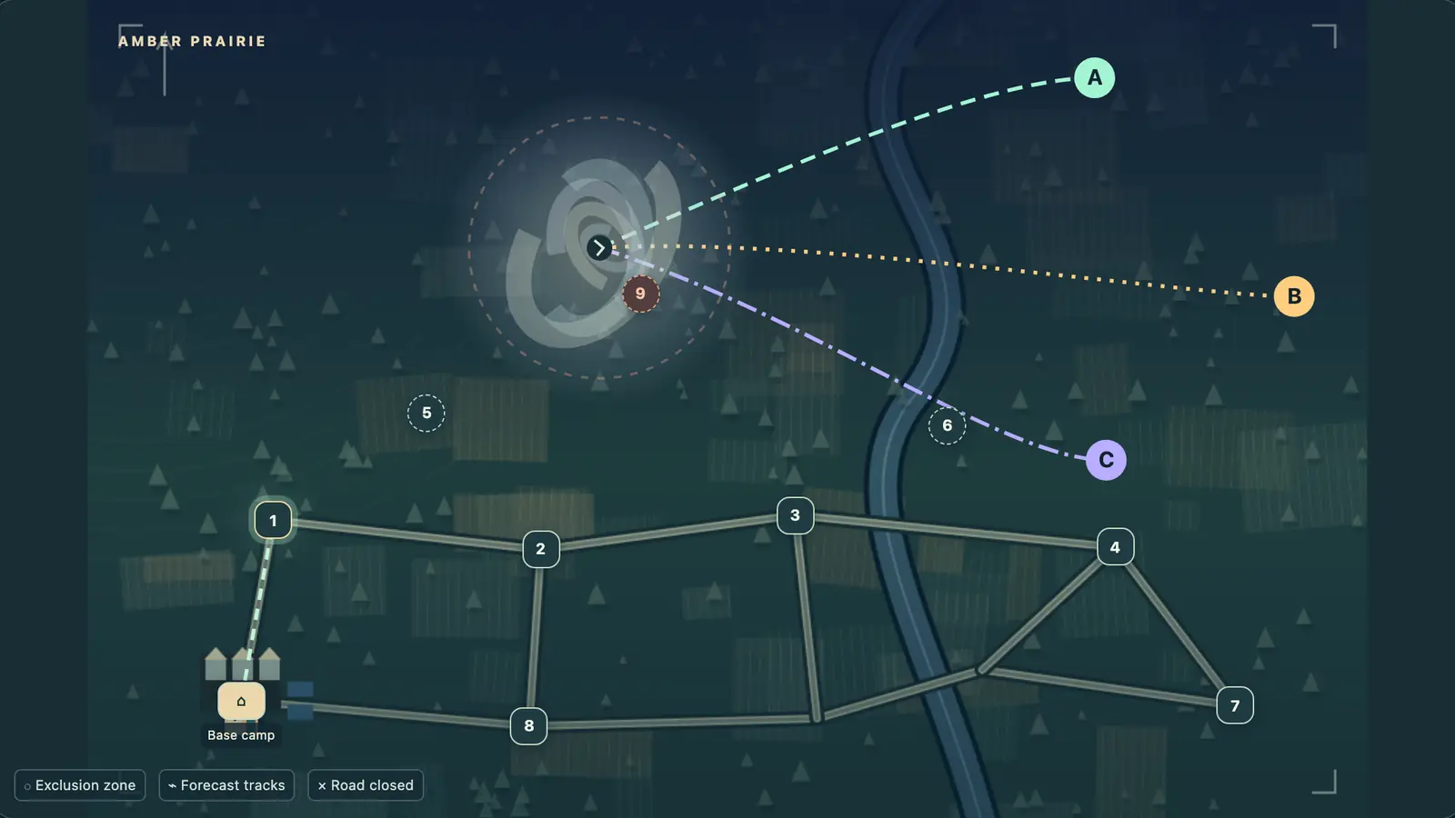 Storm Chaser Dispatch: a dark map with numbered roads, a river, a spiral storm and three coloured forecast tracks.