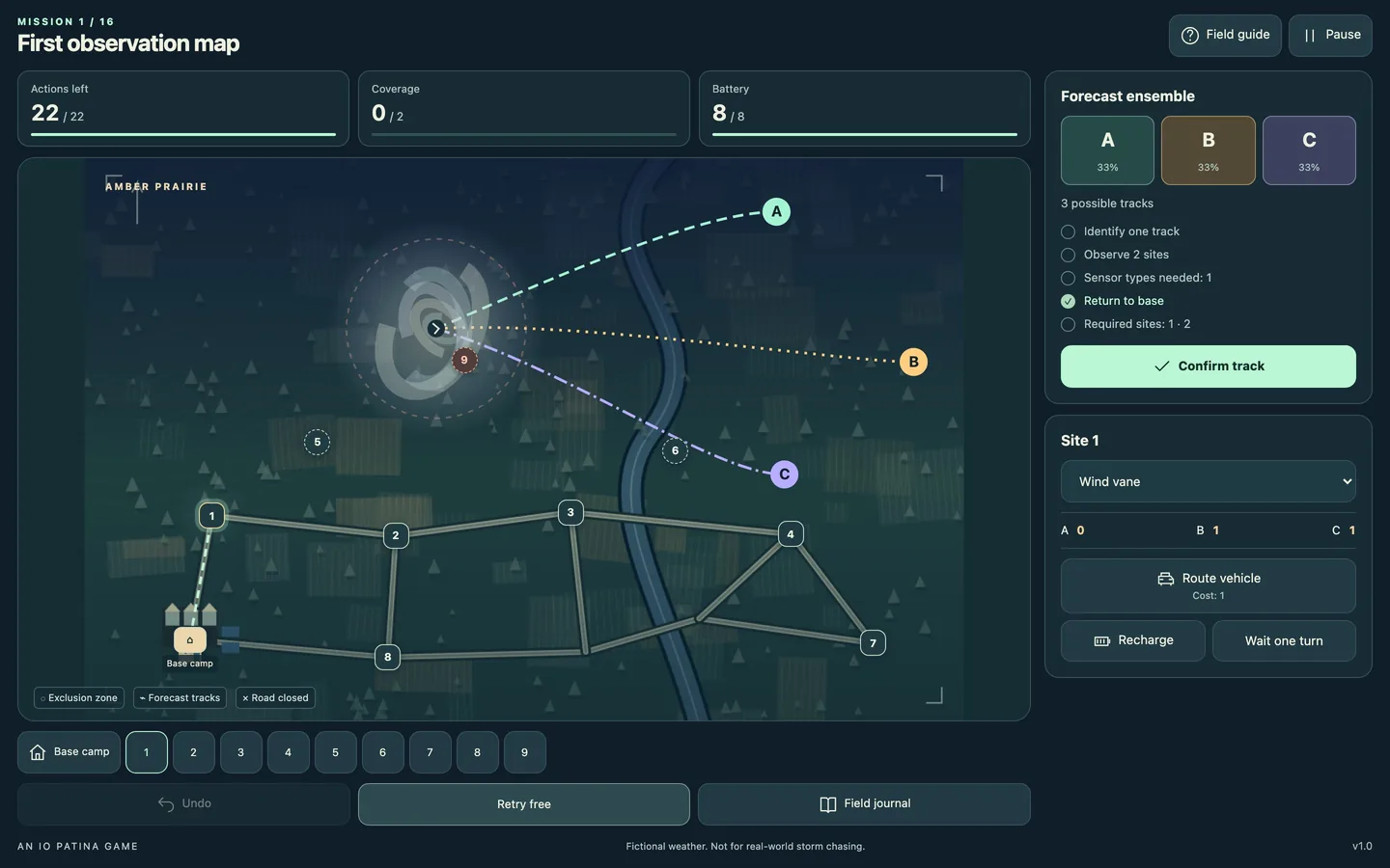 The mission map on a desktop screen, with the action counter, battery and forecast tracks