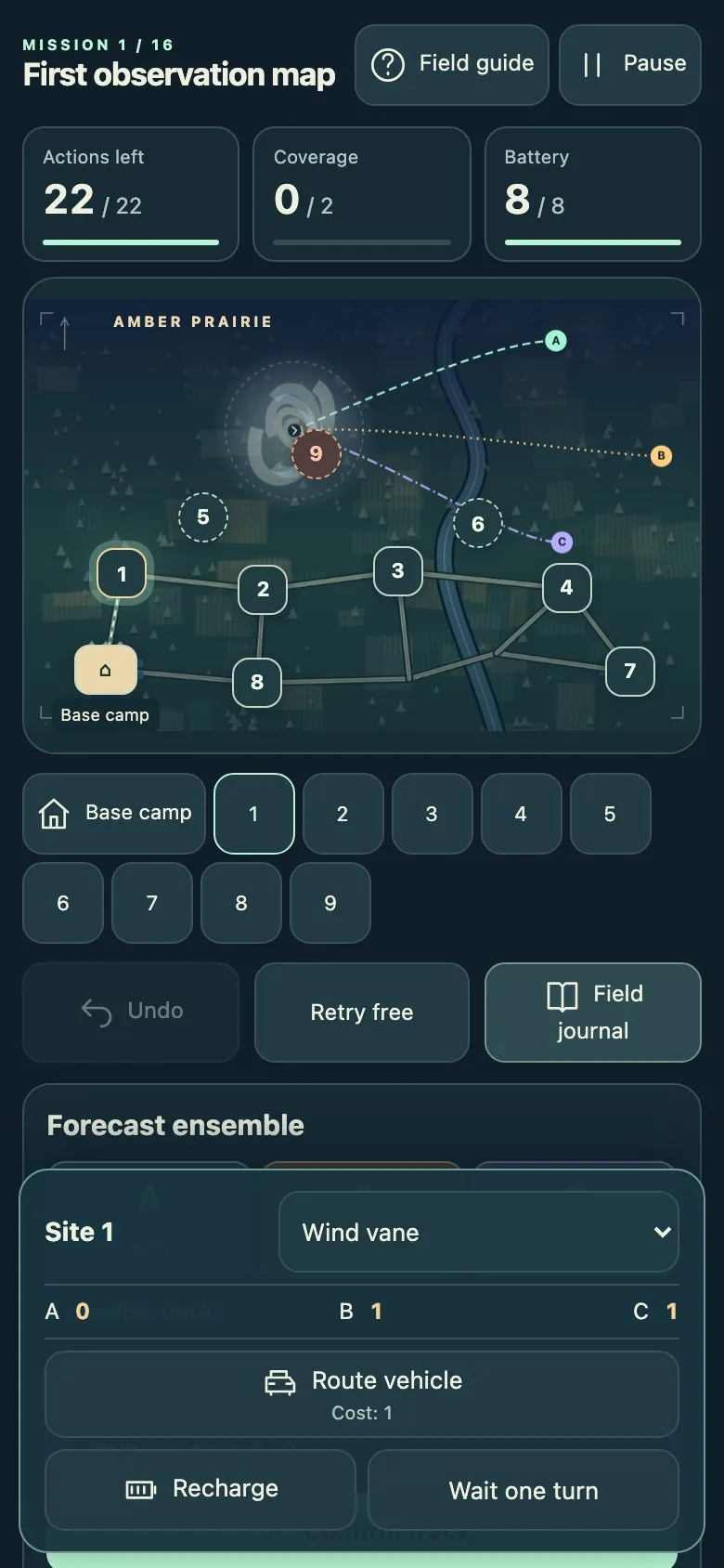 Storm Chaser Dispatch on a phone screen, with the vehicle panel fixed near the bottom