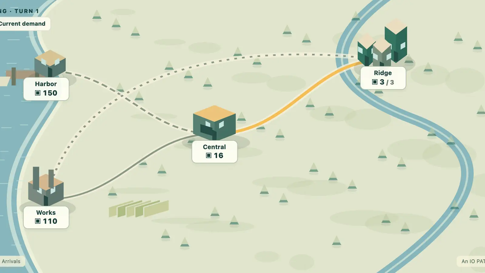 Supply Chain Survival: buildings linked by dotted, grey and yellow routes across a pale green map with winding blue rivers