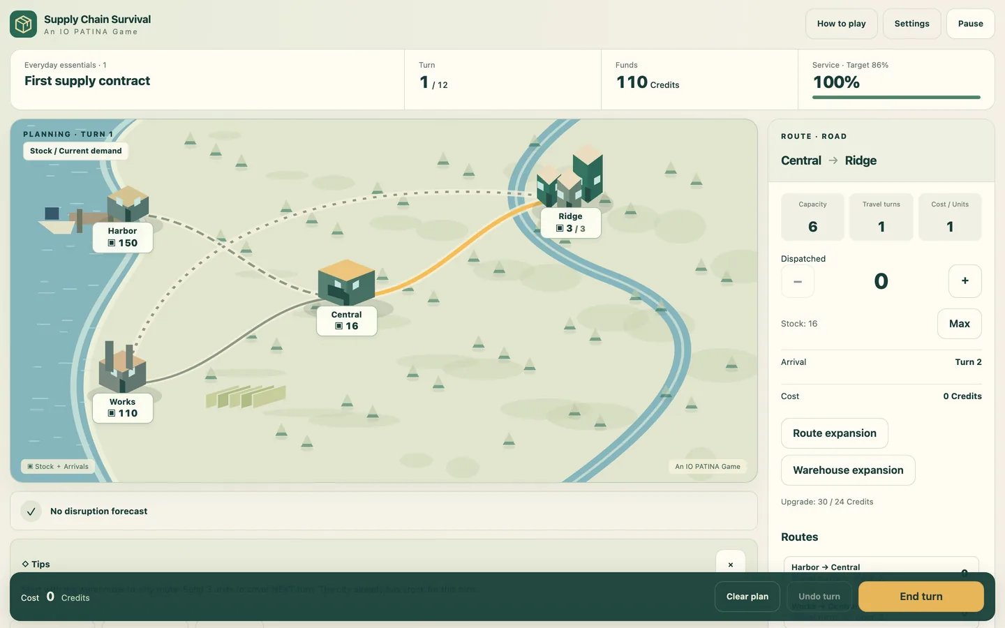 The supply network on a desktop screen, with the route inspector beside the map
