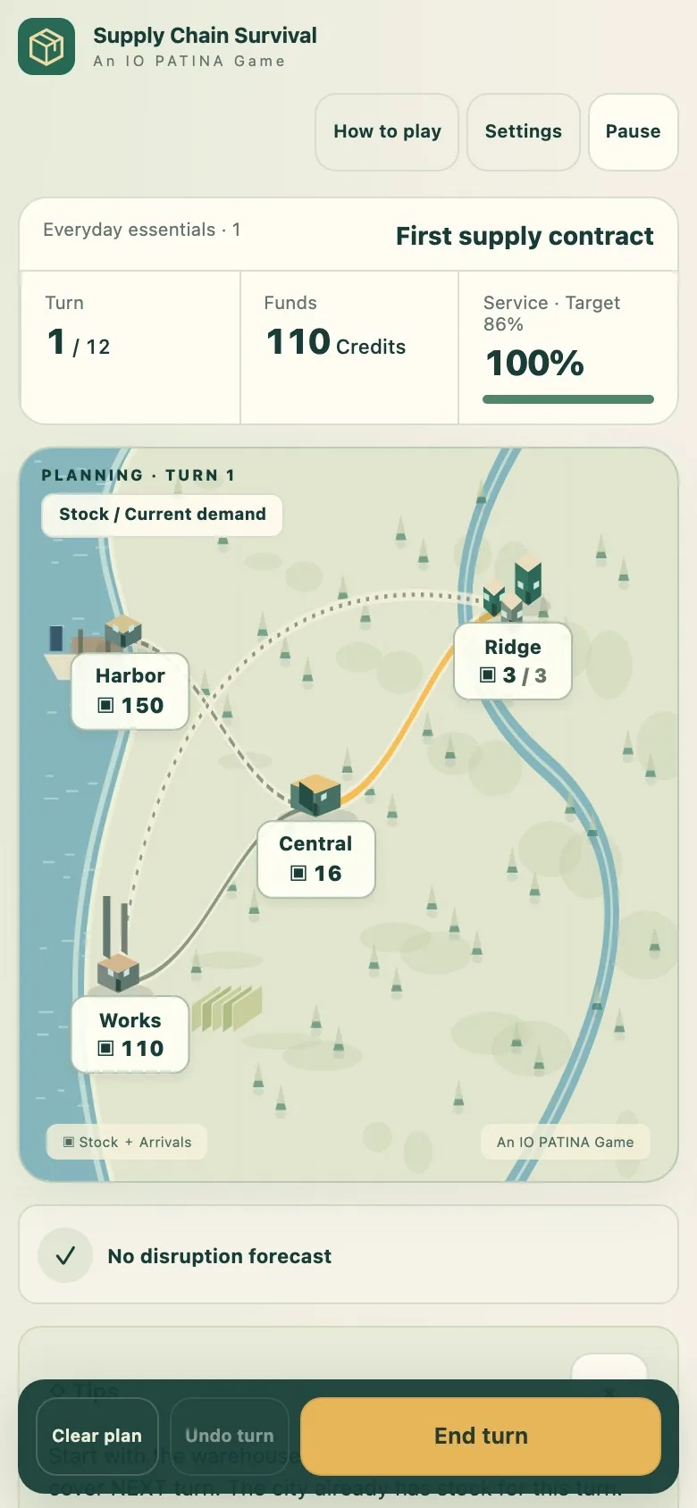 Supply Chain Survival on a phone screen, with the route inspector stacked beneath the map
