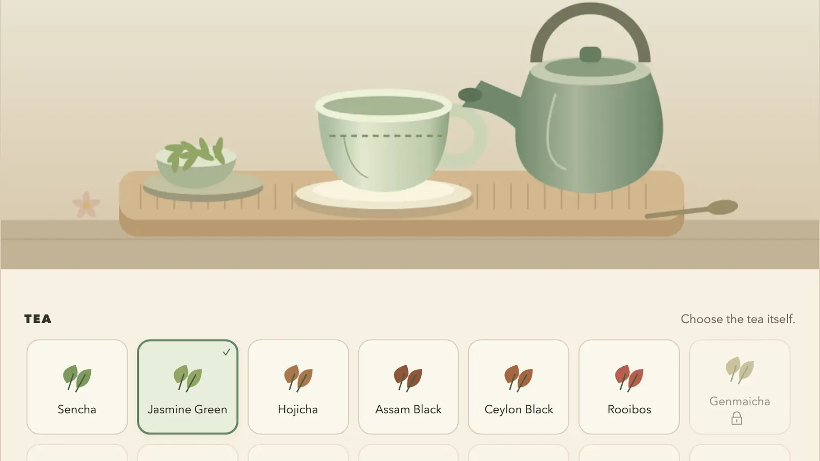 Tea House Tales: a green teapot, cup and bowl of leaves on a wooden tray above a row of tea choices