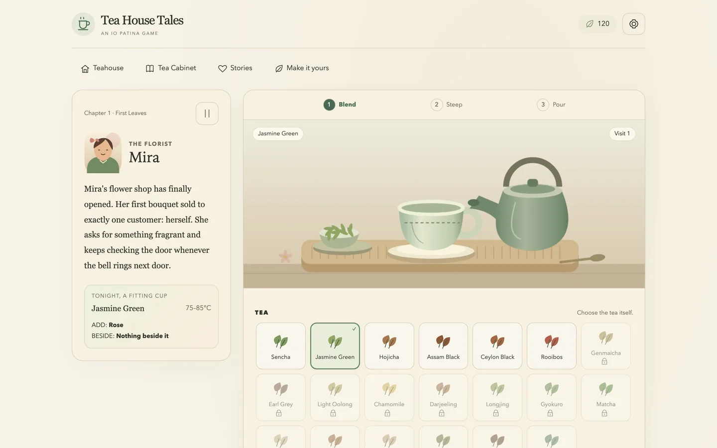 The tea counter on a desktop screen, with the guest, the teaware and the tea, addition and accompaniment lanes