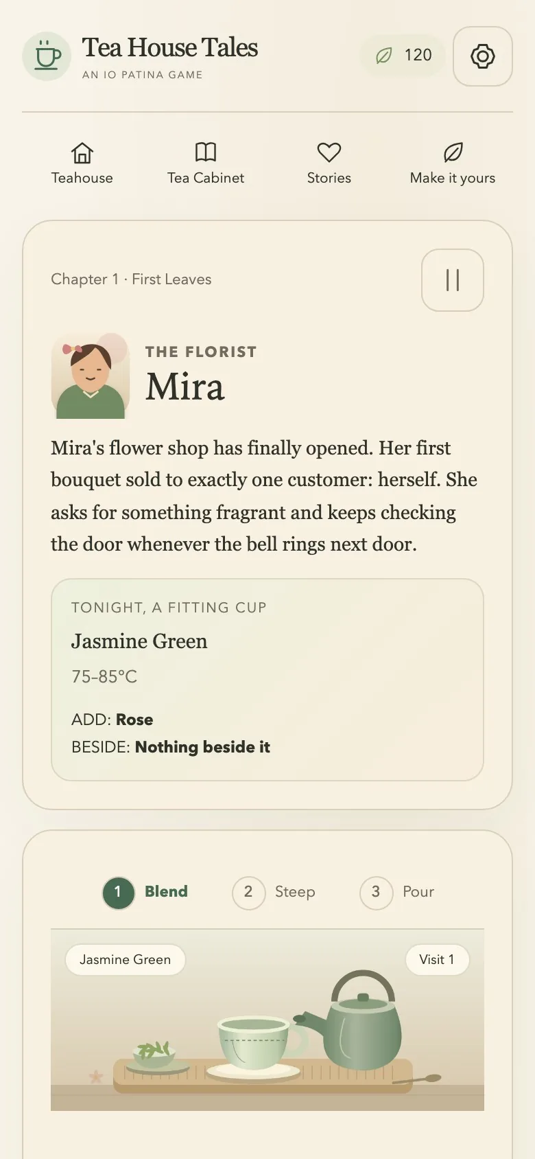 Tea House Tales on a phone screen, with the brewing controls below the guest