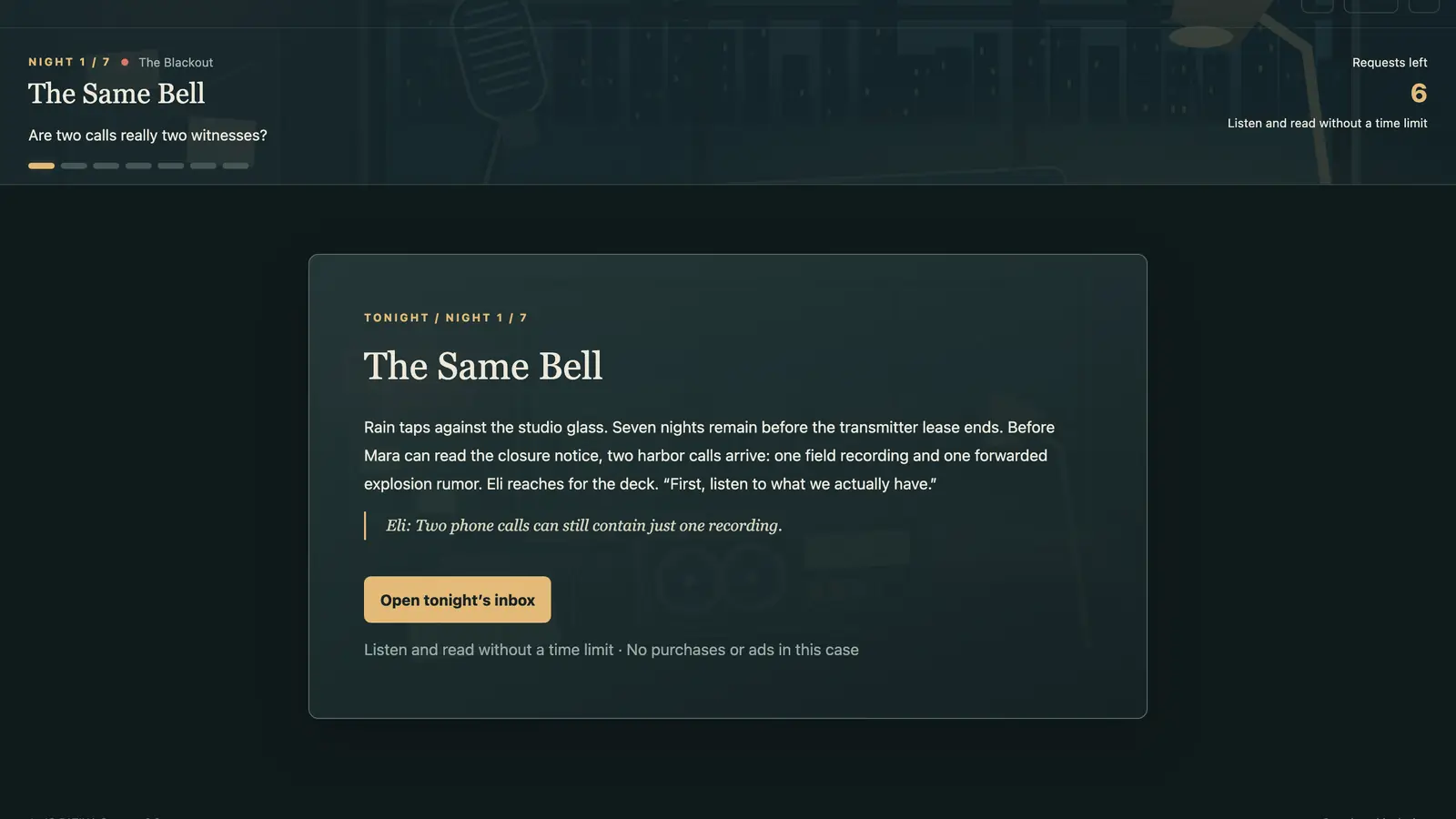 The Last Broadcast: A Night 1 story card and inbox button appear over a dark radio studio.
