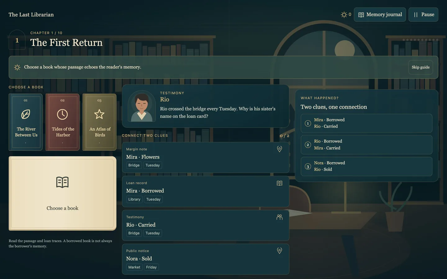 A case on a desktop screen, with the books, the evidence cards and the interpretation choices in columns