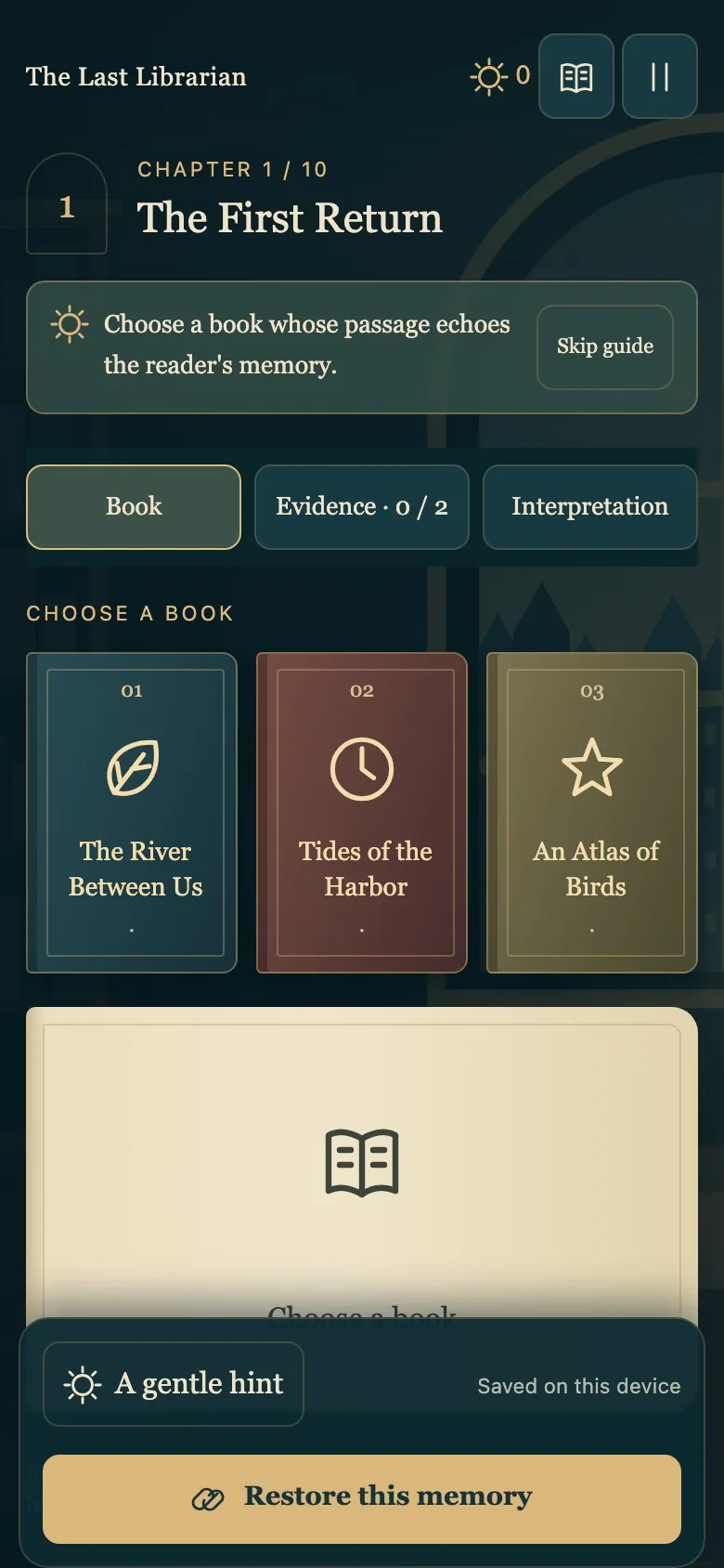 The Last Librarian on a phone screen, with Book, Evidence and Interpretation tabs