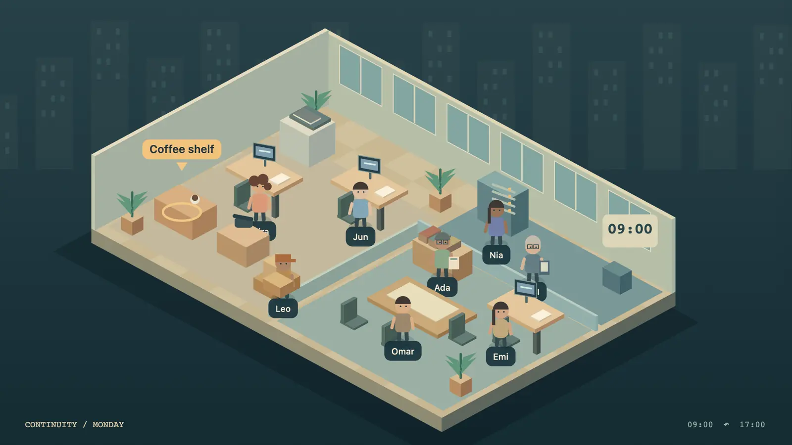 Time Loop Office: an isometric office with coworkers, desks, monitors, boxes, plants and a coffee shelf