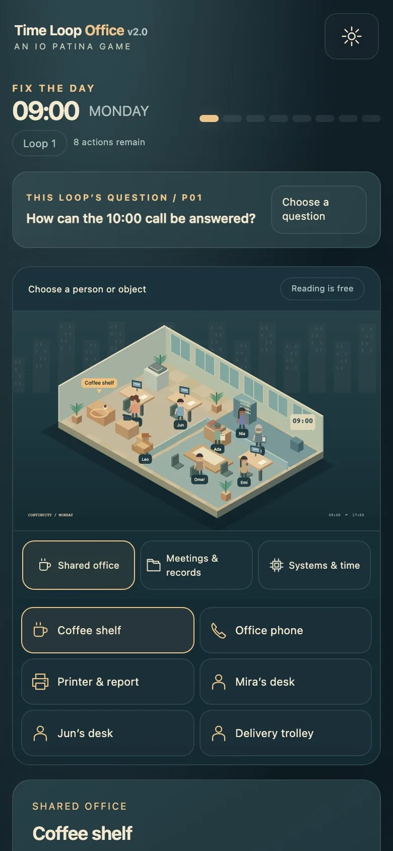 Time Loop Office on a phone screen, with the action sheet opened over the office