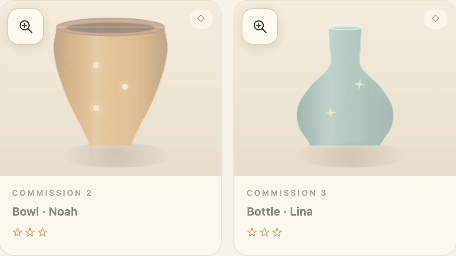 Tiny Atelier: a golden tapered pot and a pale teal bottle with star motifs appear side by side on cream cards