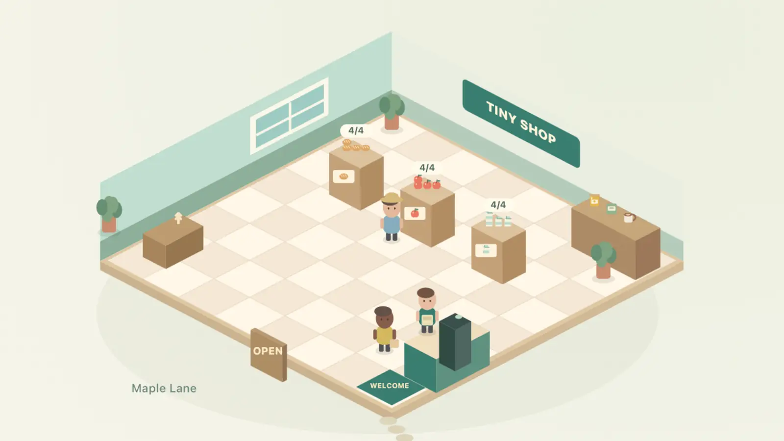 Tiny Shop Empire: an isometric mint-walled shop has stocked display stands, three people and a checkout counter