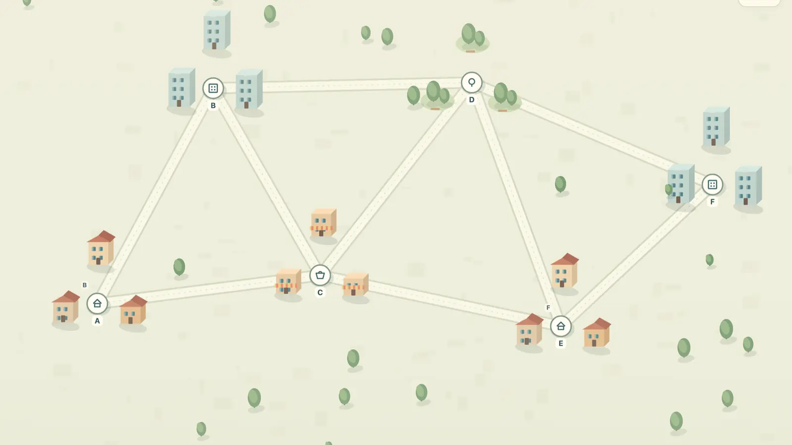 Tiny Transit District: pale roads connect five lettered stops among small houses, blue buildings and green trees