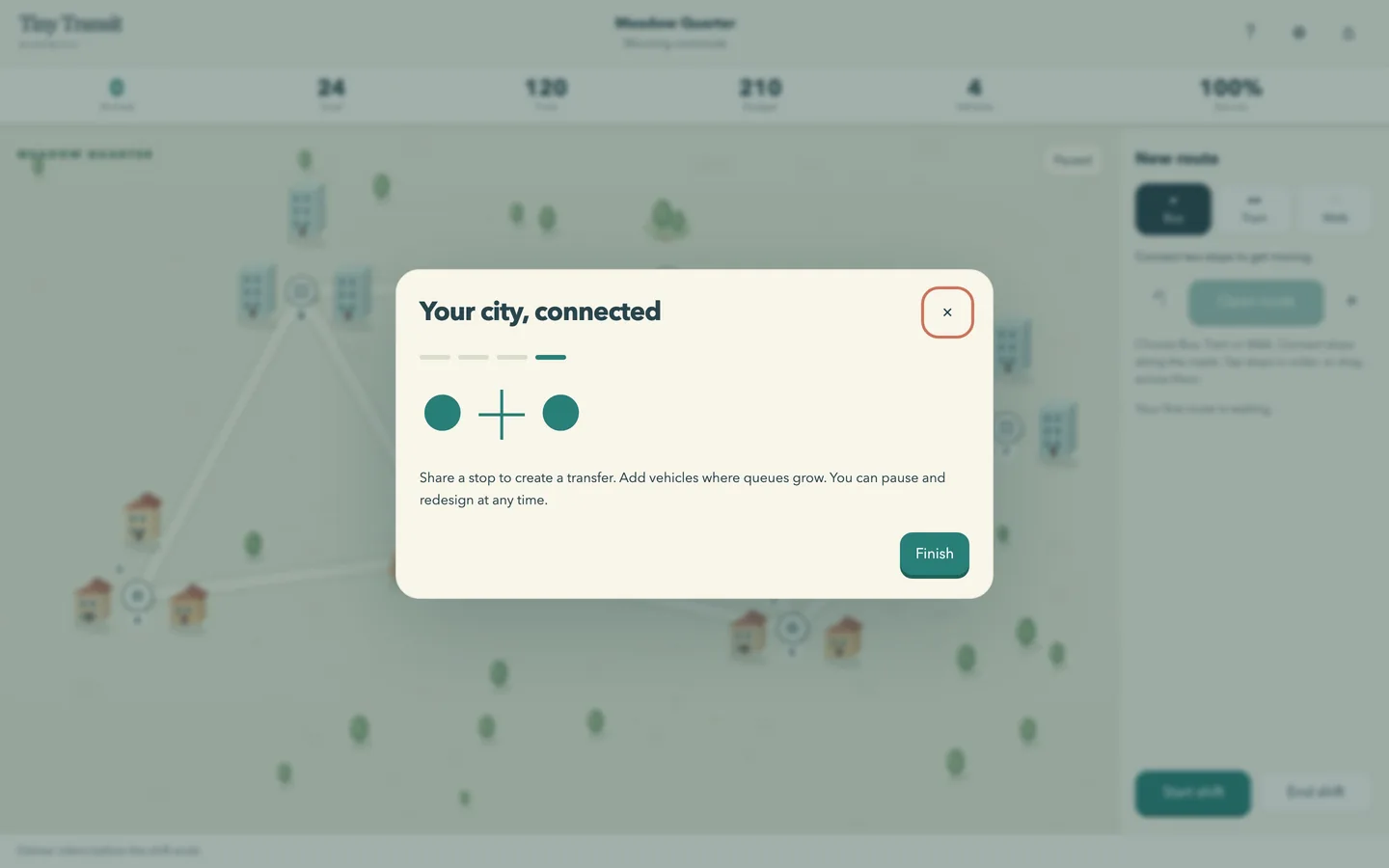 A district map on a desktop screen, with drawn routes, waiting riders and the route cards