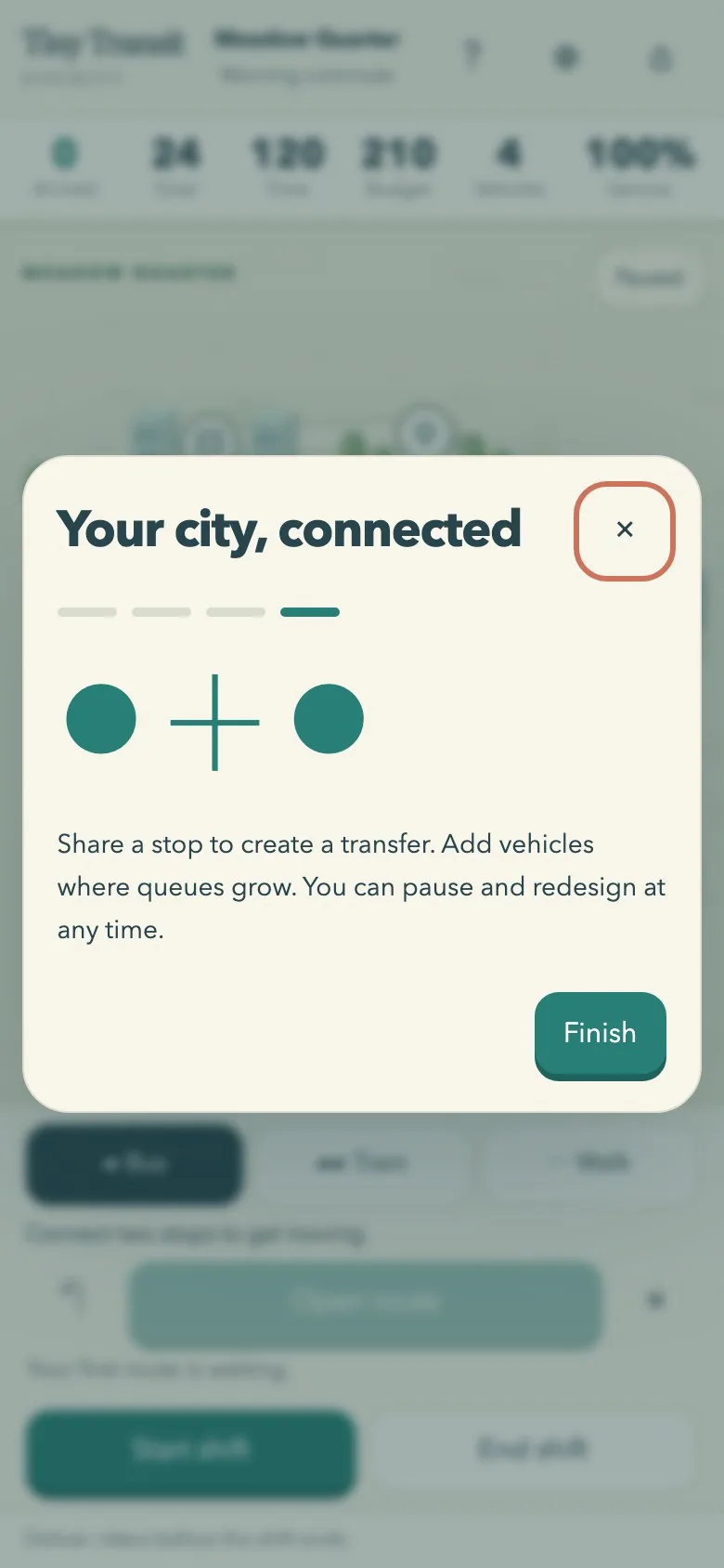 Tiny Transit District on a phone screen, with the route cards scrolling sideways