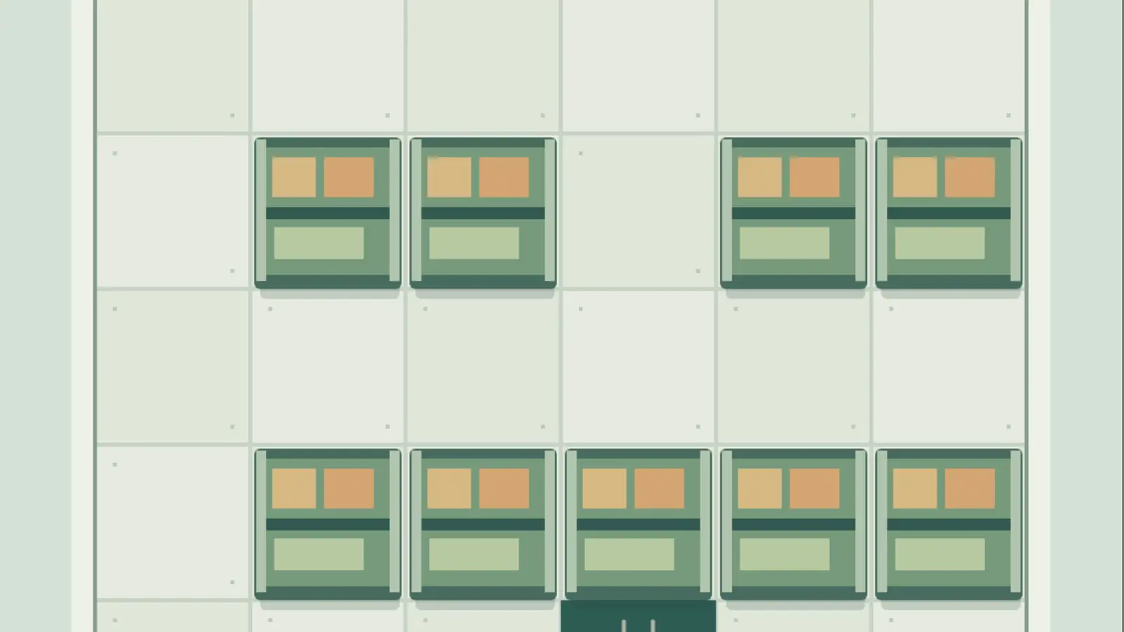 Warehouse Wizard: nine green storage racks holding tan boxes form two rows on a pale square floor grid