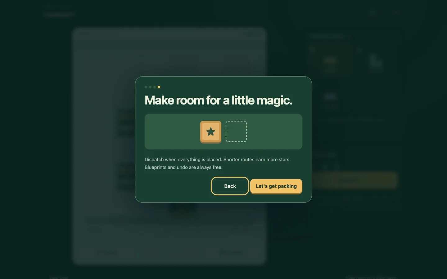 A contract on a desktop screen, with the warehouse floor, the cargo manifest and the dispatch button
