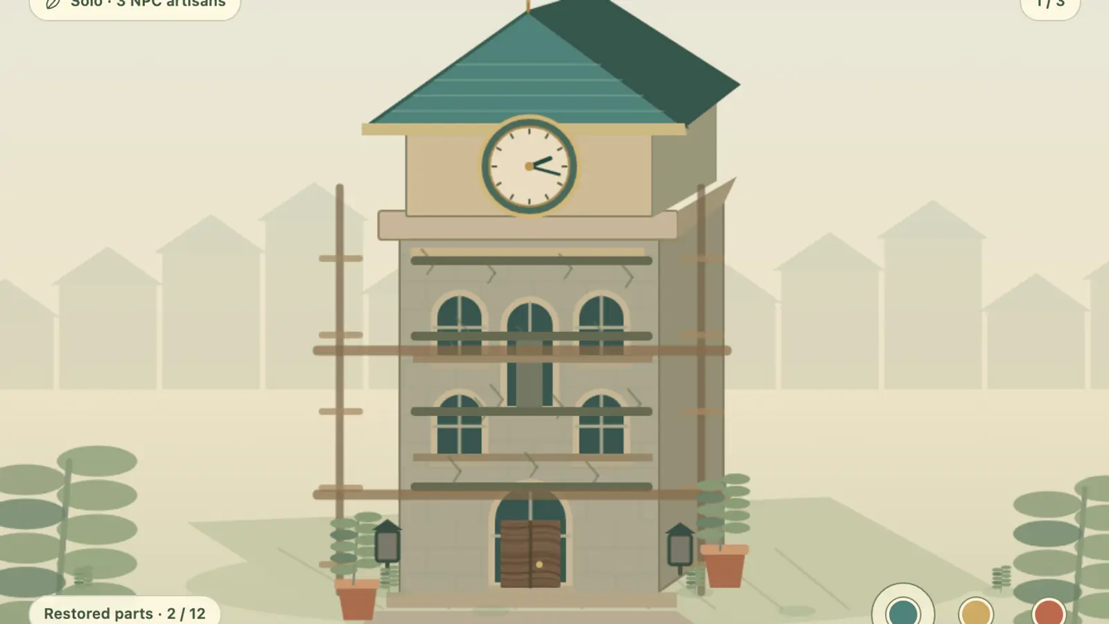 Workshop Guilds: a scaffolded clock tower with a teal roof, arched windows and potted plants.